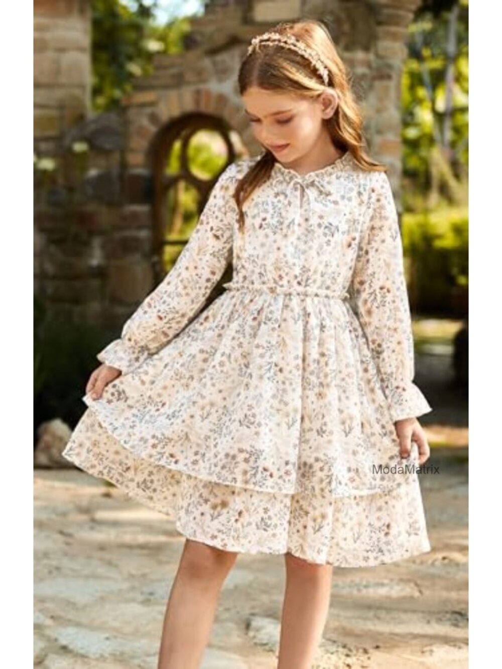 Girls Floral A-Line Midi Dress Long Sleeve Smocked Waist Formal Party - Picture 3 of 6